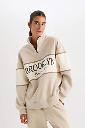 DeFactoFit NBA Brooklyn Nets Oversize Geniş Kalıp Dik Yaka Kalın Kumaş Sweatshirt