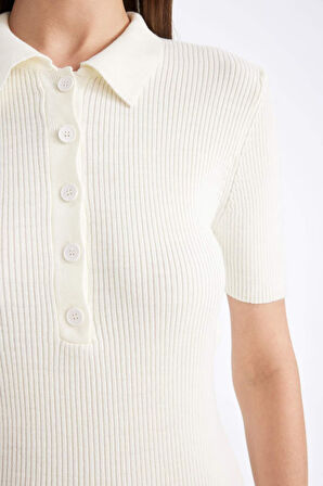 Fitted Polo Yaka Ribana Kısa Kollu Yırtmaçlı Midi Elbise