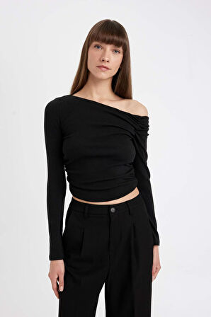 DeFacto Siyah Slim Fit Dar Kesim Tek Omuzlu Ribana Basic Düz Uzun Kollu Tişört D4970AX24AUBK81