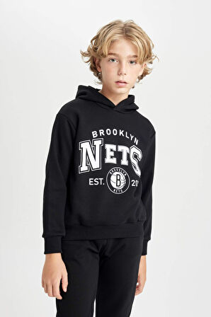 DeFacto Erkek Çocuk Siyah NBA Brooklyn Nets Kapüşonlu Sweatshirt D3125A824AUBK81
