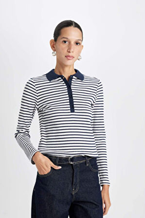 DeFacto Slim Fit Dar Kesim Polo Yaka Düğmeli Çizgili Fitilli Kaşkorse Uzun Kollu Tişört D5140AX24AUNV42