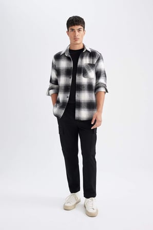 DeFacto Regular Fit Polo Yaka Kareli Oduncu Flanel Uzun Kollu Gömlek D3498AX24WNBK81