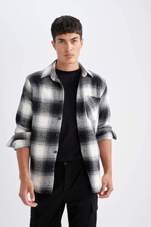 DeFacto Regular Fit Polo Yaka Kareli Oduncu Flanel Uzun Kollu Gömlek D3498AX24WNBK81