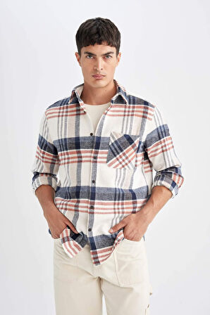 DeFacto Regular Fit Polo Yaka Kareli Flanel Uzun Kollu Gömlek D4180AX24WNER98