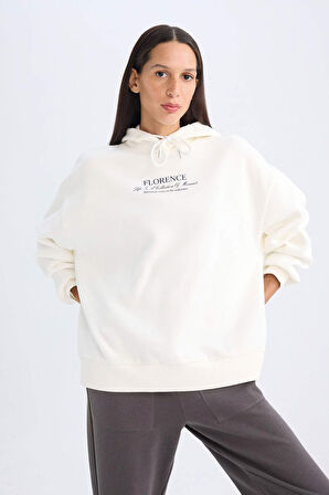 DeFacto Oversize Geniş Kalıp Kapüşonlu Baskılı Kalın Sweatshirt D5292AX24AUER105