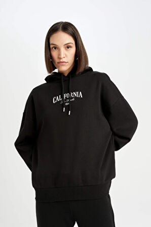 DeFacto Oversize Geniş Kalıp Kapüşonlu Baskılı Kalın Sweatshirt D5293AX24AUBK81