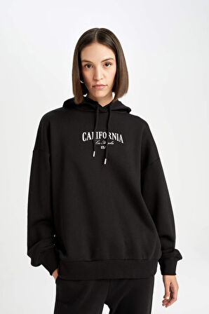 DeFacto Oversize Geniş Kalıp Kapüşonlu Baskılı Kalın Sweatshirt D5293AX24AUBK81