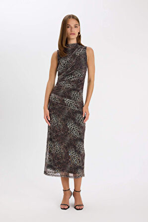 DeFacto Bodycon Vücuda Oturan Bisiklet Yaka Leopar Desenli Tül Kolsuz Maxi Elbise D5061AX24AUBN192