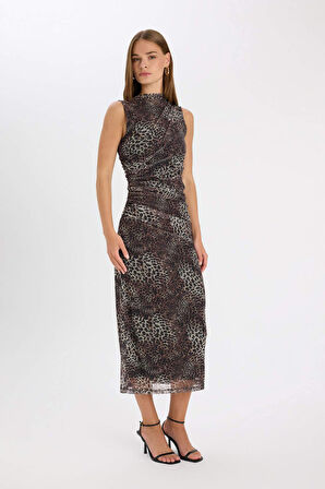 DeFacto Bodycon Vücuda Oturan Bisiklet Yaka Leopar Desenli Tül Kolsuz Maxi Elbise D5061AX24AUBN192