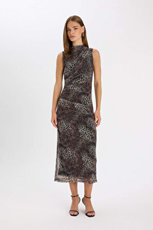 DeFacto Bodycon Vücuda Oturan Bisiklet Yaka Leopar Desenli Tül Kolsuz Maxi Elbise D5061AX24AUBN192