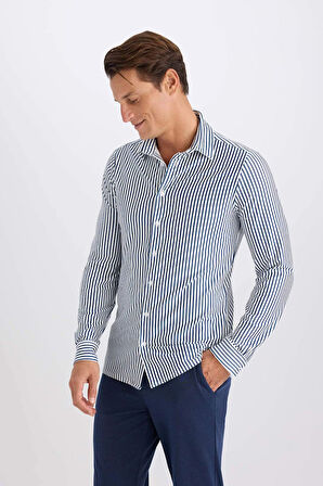 DeFacto Slim Fit Dar Kesim Polo Yaka Çizgili Uzun Kollu Gömlek D4563AX24AUNV116