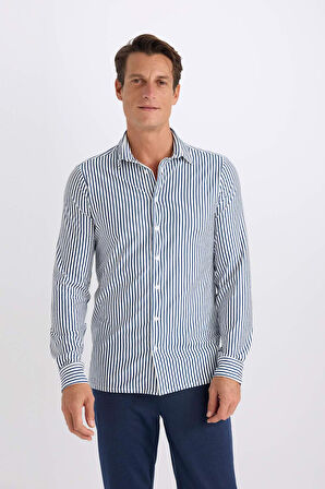 DeFacto Slim Fit Dar Kesim Polo Yaka Çizgili Uzun Kollu Gömlek D4563AX24AUNV116