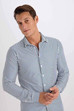 DeFacto Slim Fit Dar Kesim Polo Yaka Çizgili Uzun Kollu Gömlek D4563AX24AUNV116
