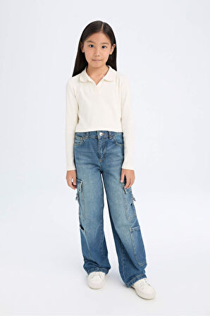 DeFacto Kız Çocuk Cropped Fit Polo Yaka Basic Düz Fitilli Kaşkorse Uzun Kollu Tişört D3367A824AUER99