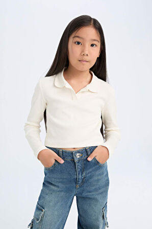 DeFacto Kız Çocuk Cropped Fit Polo Yaka Basic Düz Fitilli Kaşkorse Uzun Kollu Tişört D3367A824AUER99