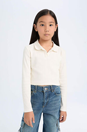 DeFacto Kız Çocuk Cropped Fit Polo Yaka Basic Düz Fitilli Kaşkorse Uzun Kollu Tişört D3367A824AUER99