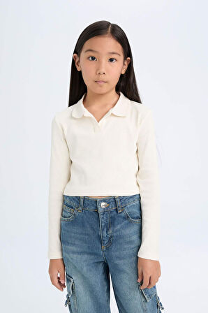DeFacto Kız Çocuk Cropped Fit Polo Yaka Basic Düz Fitilli Kaşkorse Uzun Kollu Tişört D3367A824AUER99