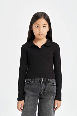 DeFacto Kız Çocuk Cropped Fit Polo Yaka Basic Düz Fitilli Kaşkorse Uzun Kollu Tişört D3367A824AUBK81
