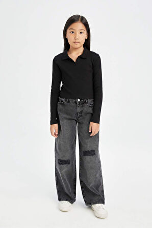 DeFacto Kız Çocuk Cropped Fit Polo Yaka Basic Düz Fitilli Kaşkorse Uzun Kollu Tişört D3367A824AUBK81