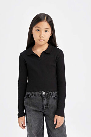 DeFacto Kız Çocuk Cropped Fit Polo Yaka Basic Düz Fitilli Kaşkorse Uzun Kollu Tişört D3367A824AUBK81