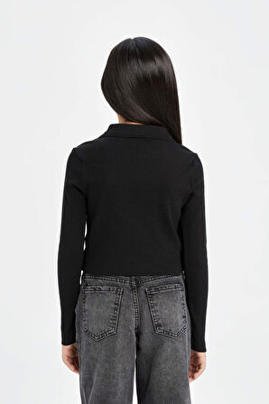 DeFacto Kız Çocuk Cropped Fit Polo Yaka Basic Düz Fitilli Kaşkorse Uzun Kollu Tişört D3367A824AUBK81
