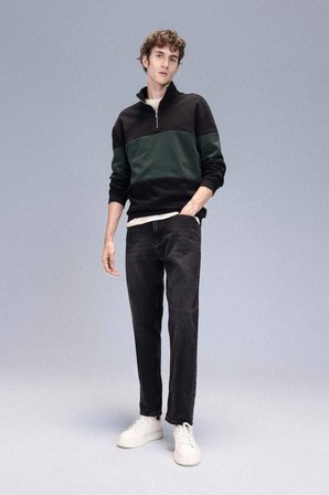 DeFacto Comfort Regular Fit Rahat Kalıp Dik Yaka Fermuarlı Çizgili Kalın Sweatshirt D2401AX24AUBK34