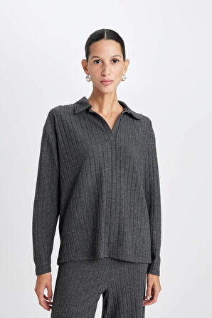 DeFacto Antrasit Relax Fit Polo Yaka Casual Fitilli Kaşkorse Uzun Kollu Tişört B2404AX24AUAR53