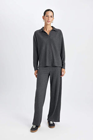 DeFacto Antrasit Relax Fit Polo Yaka Casual Fitilli Kaşkorse Uzun Kollu Tişört B2404AX24AUAR53