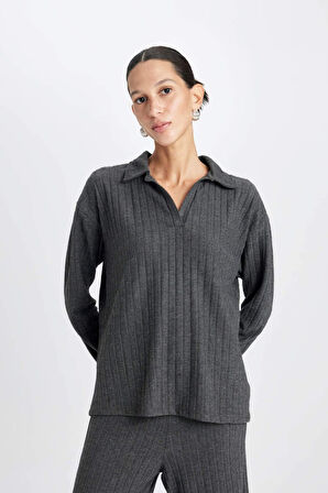 DeFacto Antrasit Relax Fit Polo Yaka Casual Fitilli Kaşkorse Uzun Kollu Tişört B2404AX24AUAR53