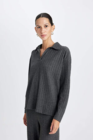 DeFacto Antrasit Relax Fit Polo Yaka Casual Fitilli Kaşkorse Uzun Kollu Tişört B2404AX24AUAR53