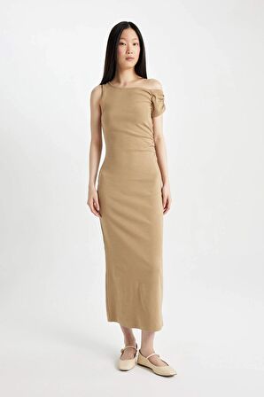 DeFacto Bodycon Tek Omuzlu Fitilli Kaşkorse Kısa Kollu Midi Elbise D1448AX24SMBN124