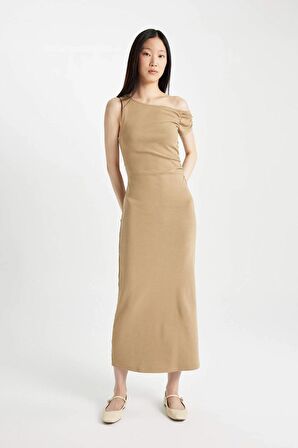 DeFacto Bodycon Tek Omuzlu Fitilli Kaşkorse Kısa Kollu Midi Elbise D1448AX24SMBN124