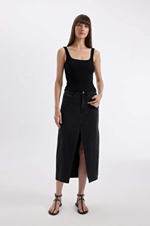 Long  Fit Yırtmaçlı Jean Midi Etek