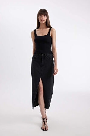 Long  Fit Yırtmaçlı Jean Midi Etek