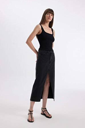 Long  Fit Yırtmaçlı Jean Midi Etek