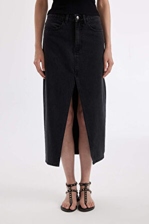 Long  Fit Yırtmaçlı Jean Midi Etek
