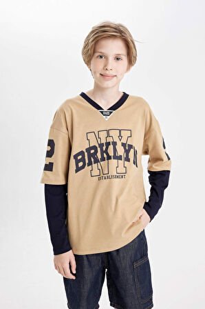 DeFacto Erkek Çocuk Oversize Fit V Yaka Baskılı Uzun Kollu Tişört C9279A824AUBG387