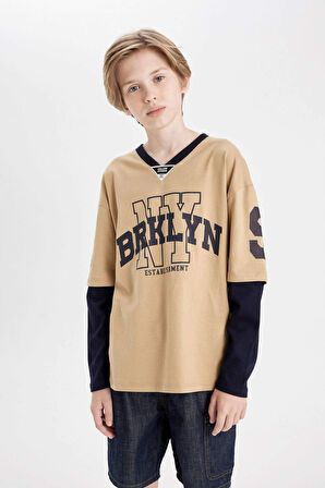 DeFacto Erkek Çocuk Oversize Fit V Yaka Baskılı Uzun Kollu Tişört C9279A824AUBG387