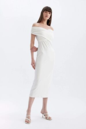 DeFacto Bodycon Omuzu Açık Fitilli Kaşkorse Kolsuz Maxi Elbise D1827AX24HSER105