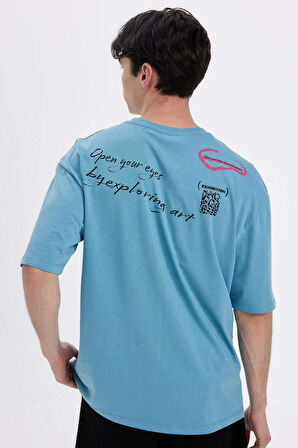 Defacto C4084 Mavi Oversize Geniş Kalıp Bisiklet Yaka Sırt Baskılı Kısa Kollu Tişört