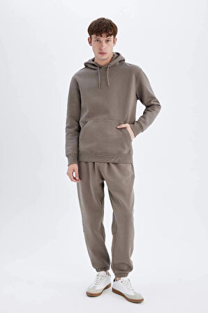 X8283 Kahverengi Cepli Regular Fit Kapüşonlu İçi Yumuşak Tüylü Basic Düz Sweatshirt