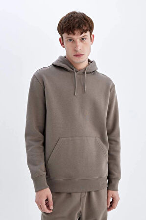 X8283 Kahverengi Cepli Regular Fit Kapüşonlu İçi Yumuşak Tüylü Basic Düz Sweatshirt