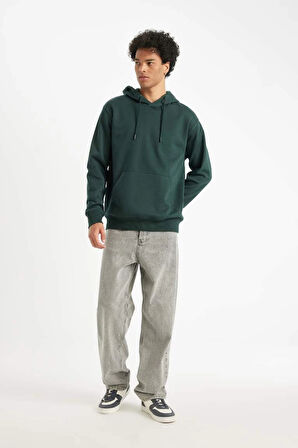 X8283 Yeşil Cepli Regular Fit Kapüşonlu İçi Yumuşak Tüylü Basic Düz Sweatshirt