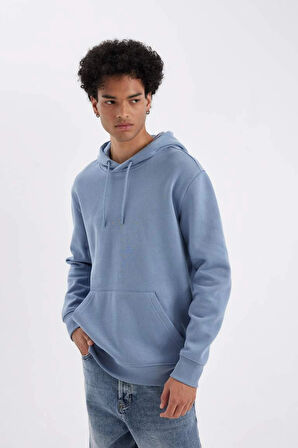 X8283 Mavi Cepli Regular Fit Kapüşonlu İçi Yumuşak Tüylü Basic Düz Sweatshirt