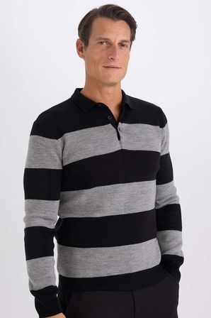 DeFacto Standart Fit Normal Kesim Çizgili Polo Yaka Triko Kazak Y4194AZ24WNBK27