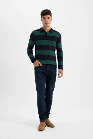 Y4194 Standart Fit Polo Yaka Çizgili Triko Kazak