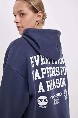 DeFacto Oversize Geniş Kalıp Kapüşonlu Cepli Sırt Baskılı Kalın Sweatshirt C7817AX24WNNV139