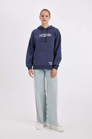 DeFacto Oversize Geniş Kalıp Kapüşonlu Cepli Sırt Baskılı Kalın Sweatshirt C7817AX24WNNV139