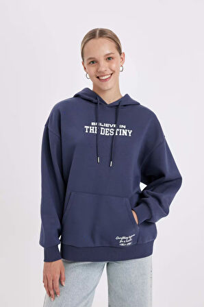 DeFacto Oversize Geniş Kalıp Kapüşonlu Cepli Sırt Baskılı Kalın Sweatshirt C7817AX24WNNV139