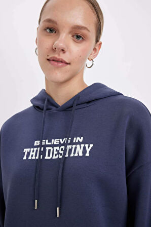 DeFacto Oversize Geniş Kalıp Kapüşonlu Cepli Sırt Baskılı Kalın Sweatshirt C7817AX24WNNV139